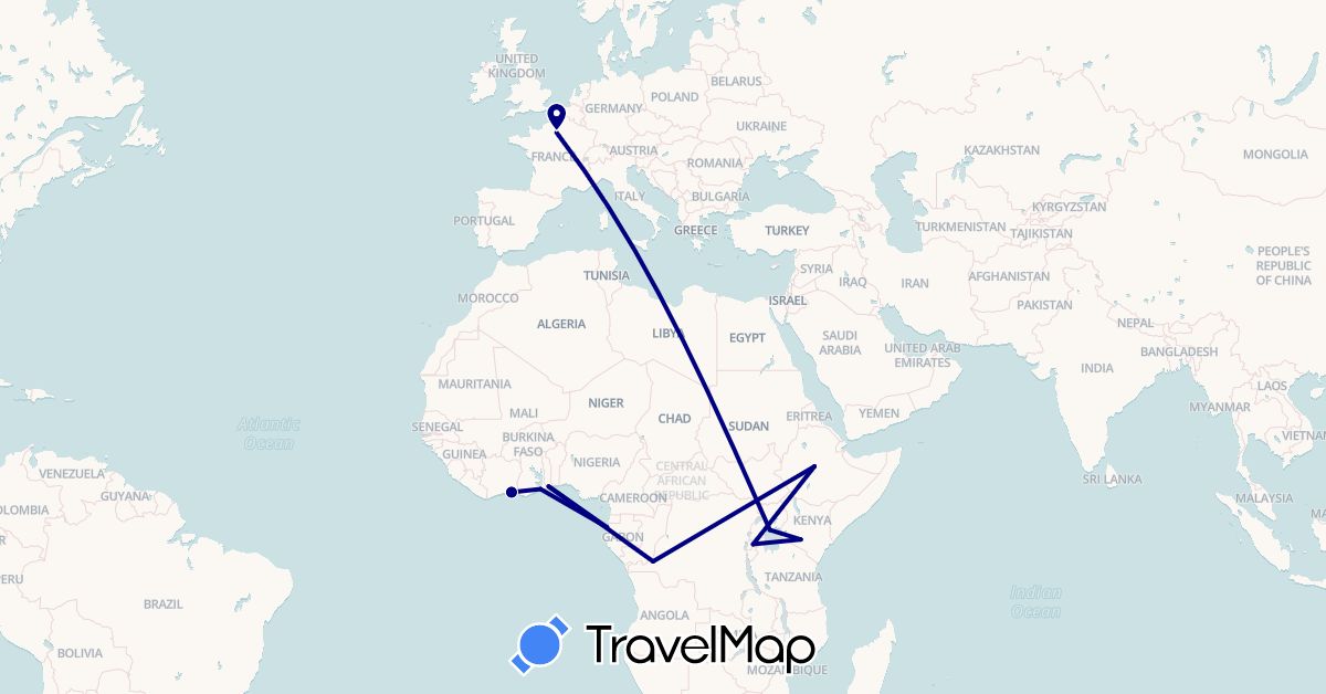 TravelMap itinerary: driving in Democratic Republic of the Congo, Côte d'Ivoire, Ethiopia, France, Gabon, Ghana, Kenya, Rwanda, Togo, Uganda (Africa, Europe)